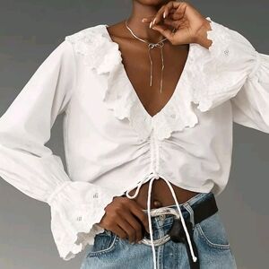 Maeve Anthropologie Cutwork Lace Collared Blouse Embroidered Top Long Sleeve M